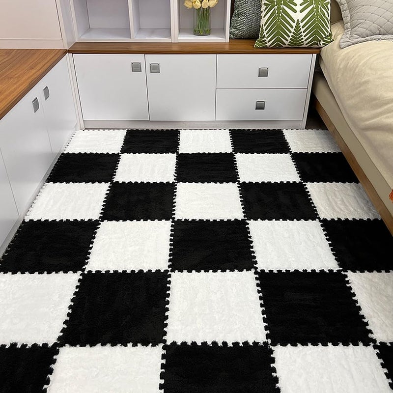 BXEBUI 12pcs Carpet Squares Puzzle Floor Mat, Plush Interlocking Carpet Tiles, Anti Slip EVA Foam Jigsaw Floor Tiles, Build A Safe Area for Bedroom Playroom (White+Black) - Image 2